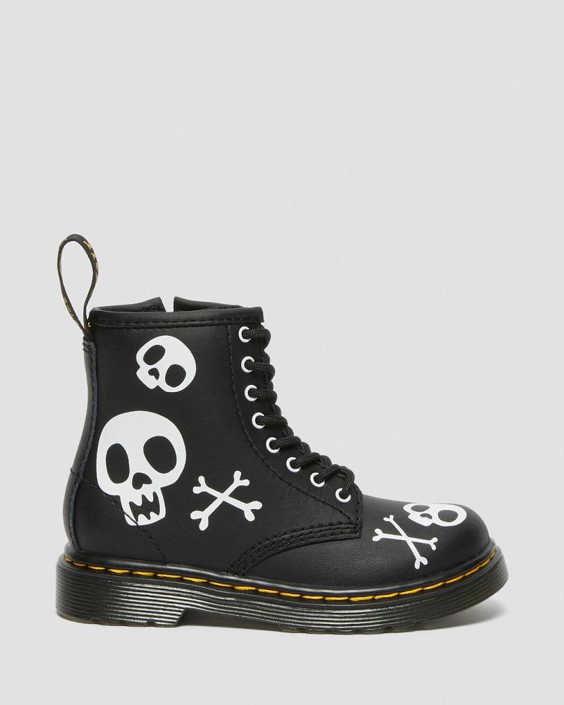 Dr Martens Toddler 1460 Skull & Bones Læder Snørestøvler Børn Sort Hvide | DK 704AHK